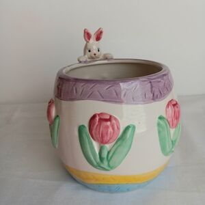 Vtg. 1990s Tulip and Bunny Ceramic Easter Planter